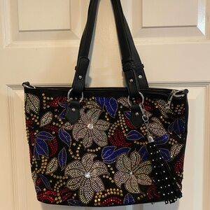 Black Floral Rhinestone Tote Bag with Tassel